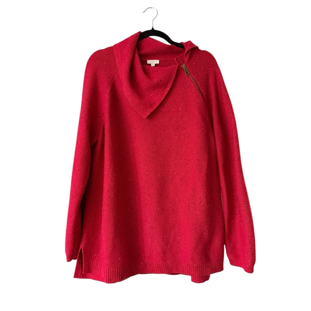 Women's Talbots Red Speckled Asymmetric Zip Cowl Neck Sweater Size XL Cotton